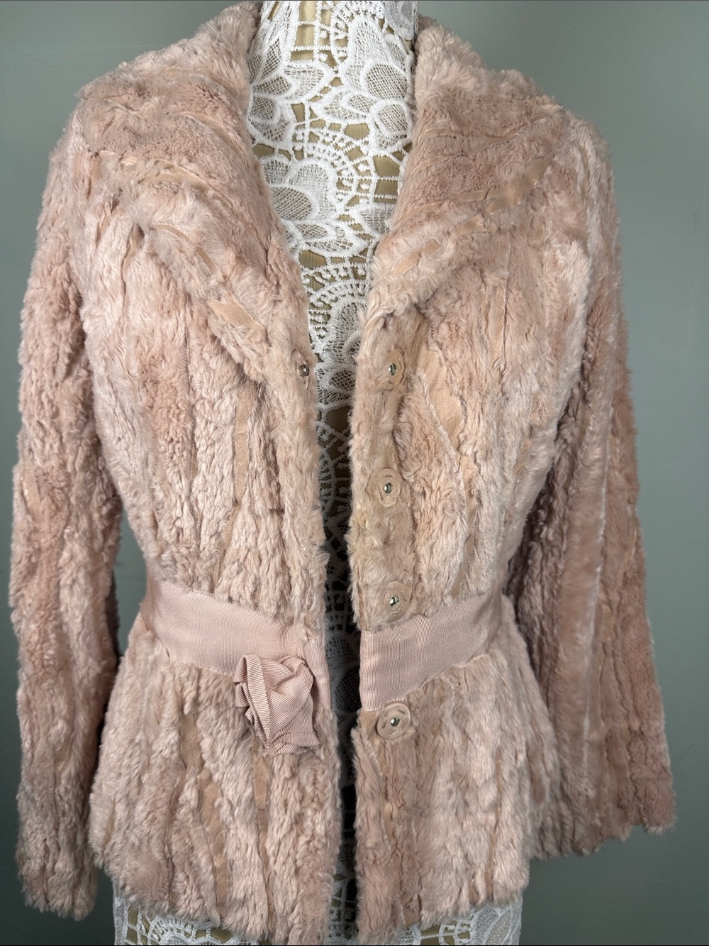 ✨Vintage Beth Bowley Blush Pink Faux Fur Jacket Rose Ribbon Statement Size 8